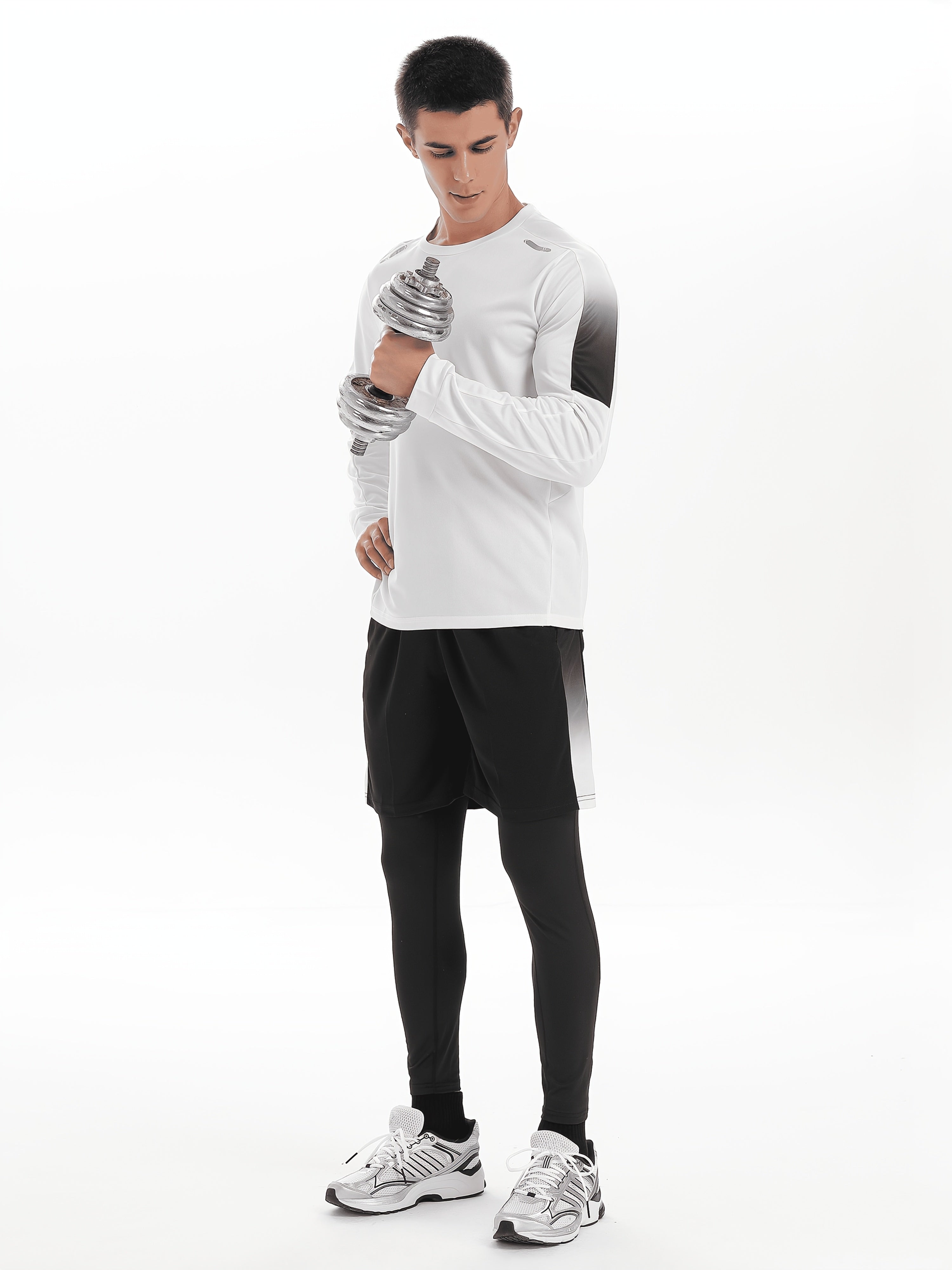 Men's 3-piece sports fitness suit: breathable and quick-drying top, tight trousers, and shorts for outdoor activities like hiking, jogging, and cycling.