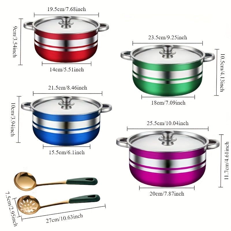 This set includes 10 high-quality stainless steel cooking pots in various sizes, perfect for preparing seafood soup, noodles, and a variety of other dishes at home. Each pot is thickened and designed for efficient cooking.