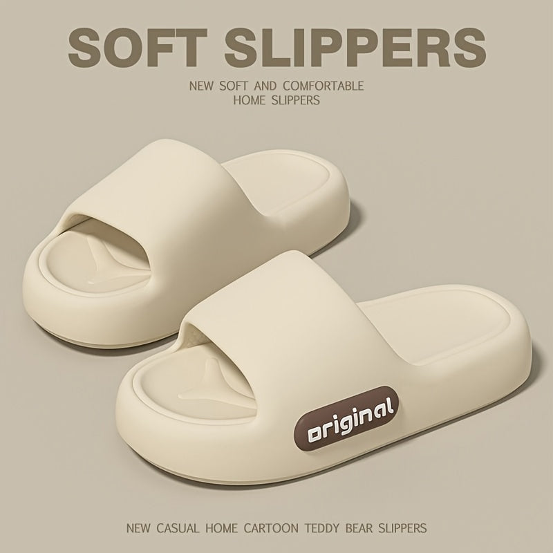 Stylish solid color slippers with soft soles, ideal for indoor use. Made with EVA material that's easy to clean in the machine.