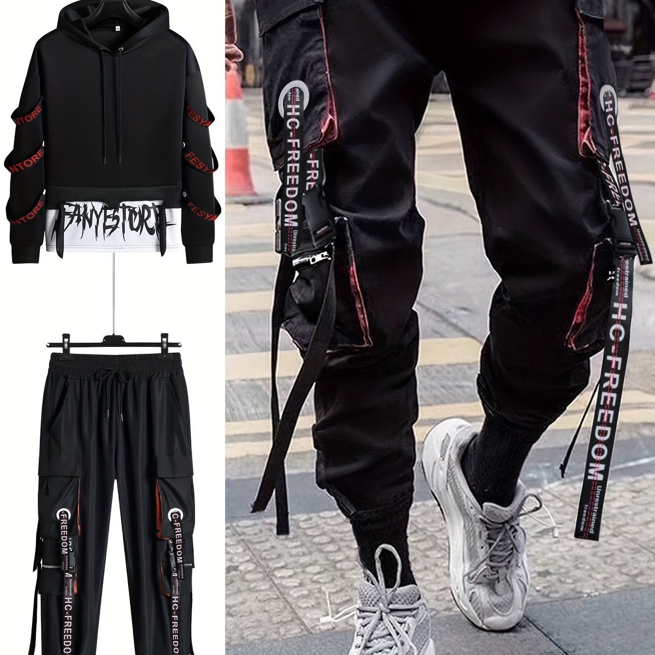 Men's casual sports outfit for autumn and winter with a stylish hoodie, tapered pants, and trendy multi-pocket work pants.