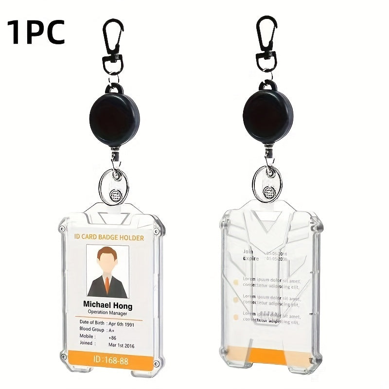 Durable retractable ID badge holder with carabiner clip and keychain, vertical card holder with convenient pull buckle for easy access.