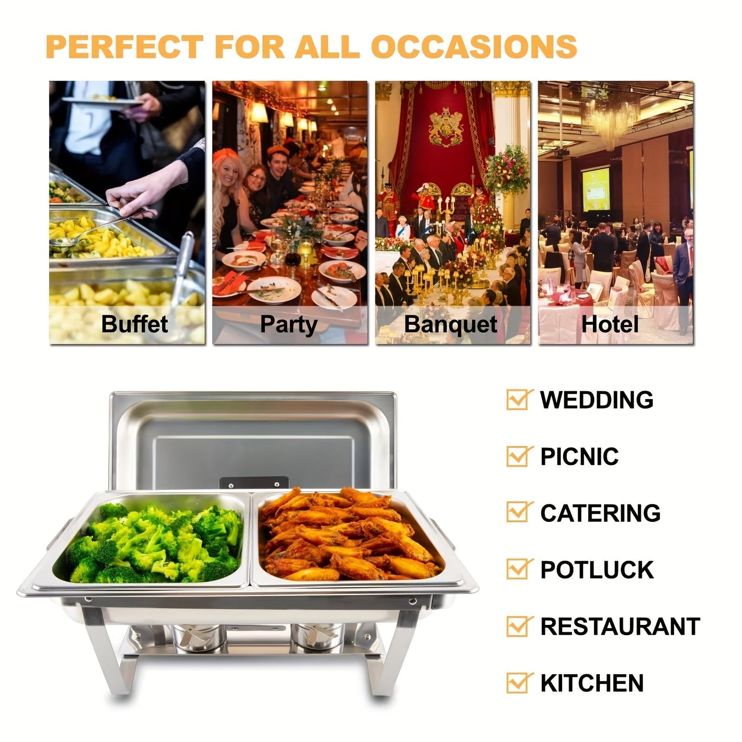 One set of 8QT Stainless Steel Chafing Dishes, includes Full & Half Pans and Foldable Stand. Ideal for Weddings, Parties, Banquets, Catering and Events. Comes with 1 full and 1 half piece.