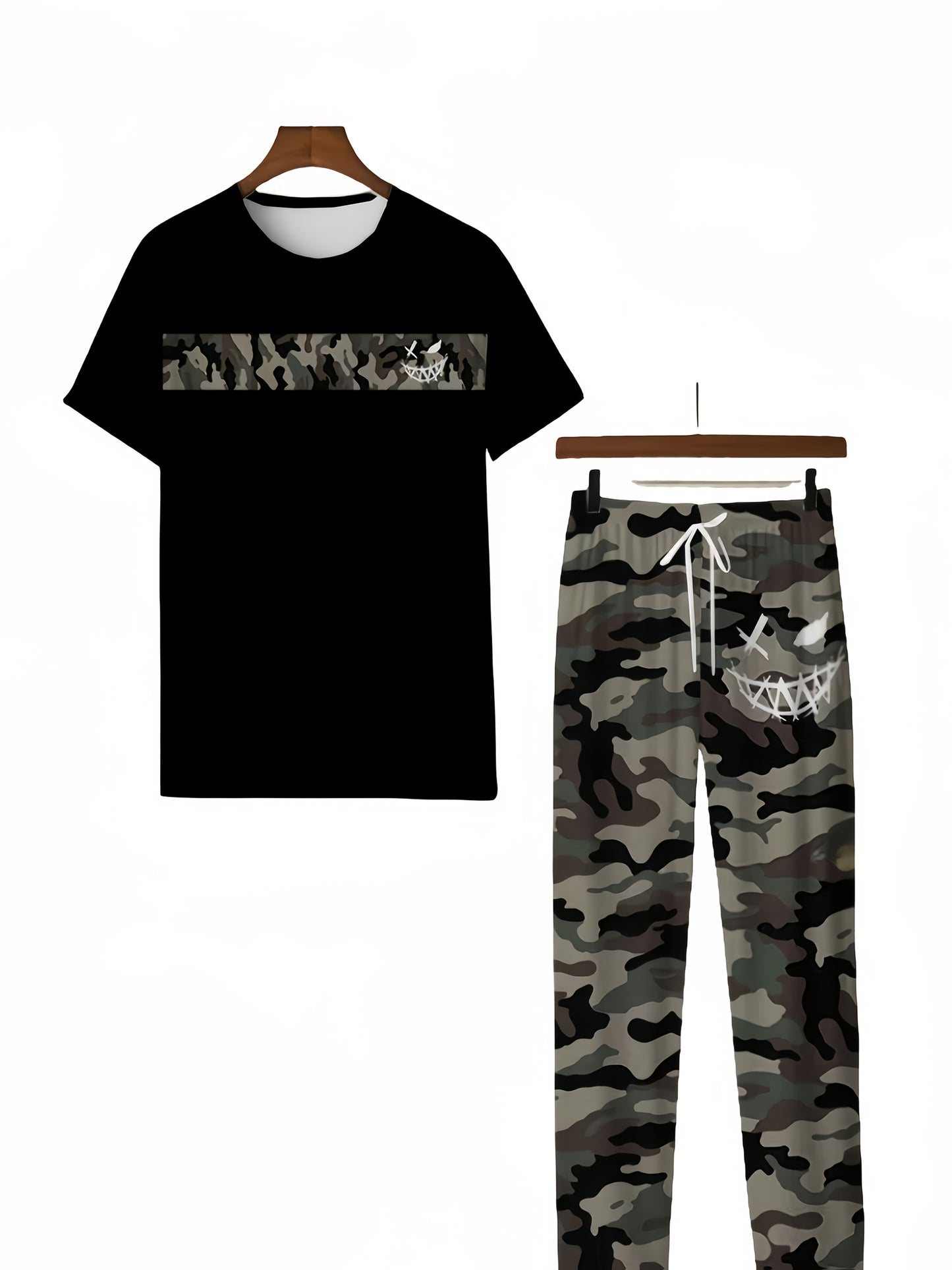 Men's plus-size camouflage set with short-sleeve top and long pants, perfect for outdoor activities. Features round neck, fitted design, and slightly stretchy fabric.