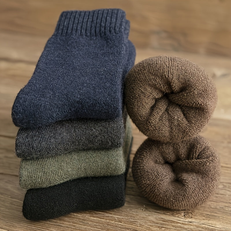 Set of 3/5 Men's Thickened Warm Mid-Calf Socks in Solid Colors for Autumn and Winter Comfort