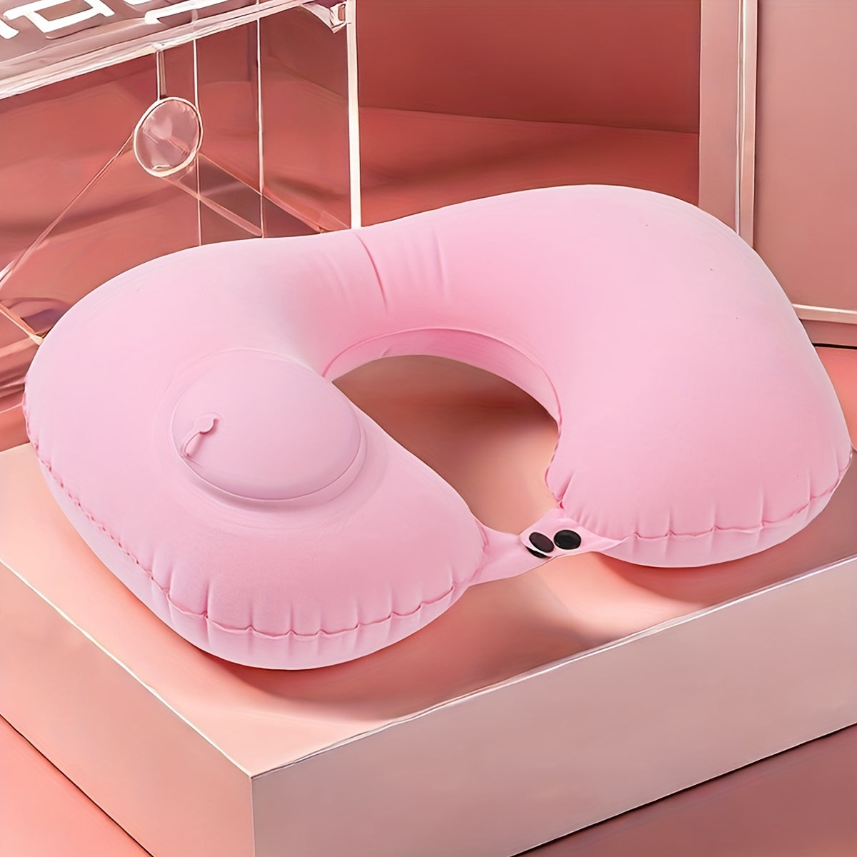 Travel comfortably with the press-type inflatable neck pillow, perfect for office, airplane, and train travel.