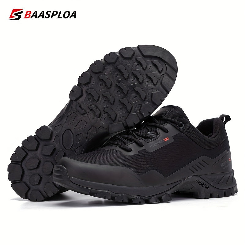 BAASPLOA Men's Low-Top Hiking Shoes in Black with Red Accents - Durable, Waterproof, Anti-Slip, Comfortable PU Insole