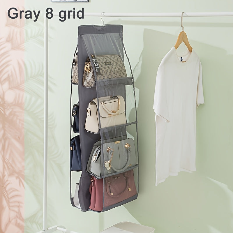 Elegant fabric wall hanging closet organizer with secure pockets in black & dark grey.