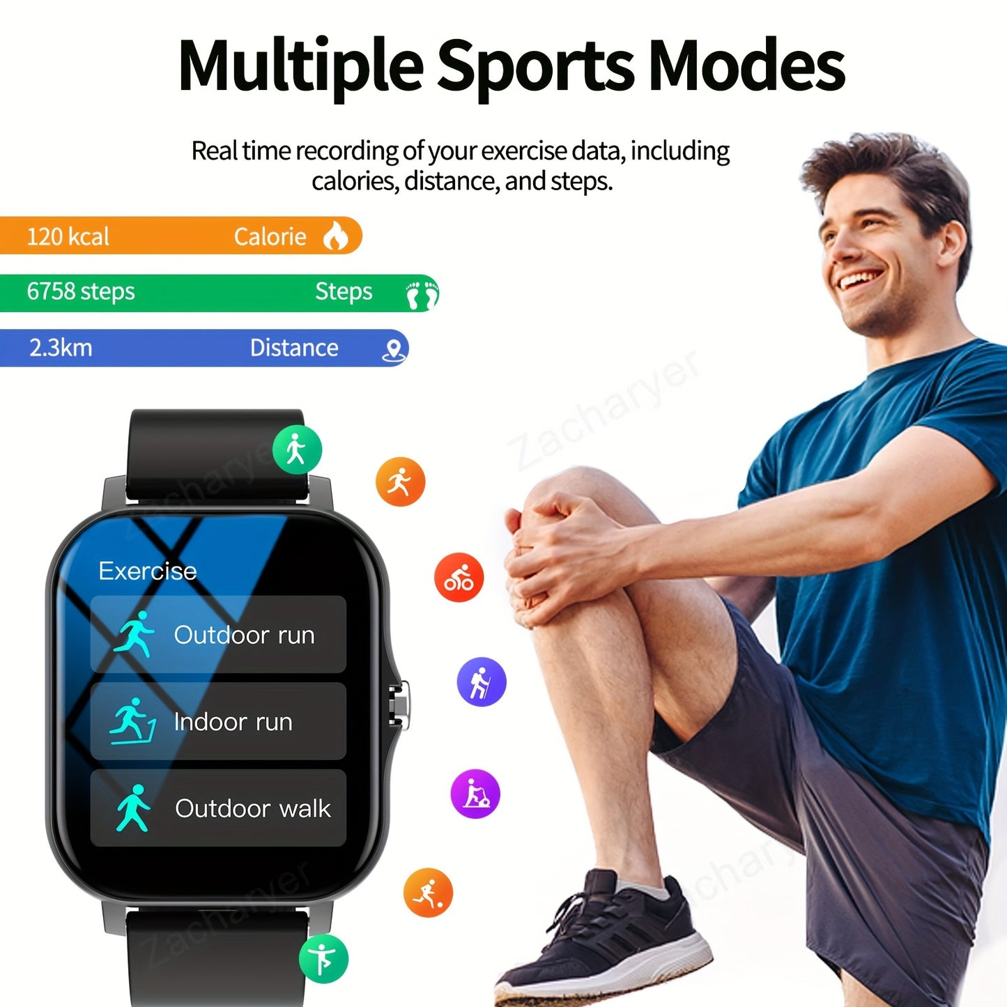 Zacharyer Smartwatch uniseks, turli sport rejimlarini qo'llab-quvvatlaydi va Android hamda iPhone bilan ishlaydi.