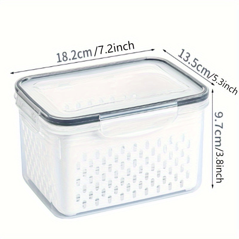 Reusable airtight plastic food storage containers featuring removable colanders, clip-on seal, and rectangle produce savers. Dishwasher safe and great for storing fresh berries, fruits, vegetables, and meat.