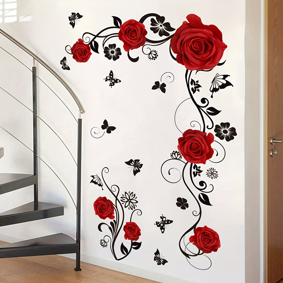 Contemporary Butterfly Rose Vine Wall Decal, Reusable Self-Adhesive Sticker for Living Room Bedroom Decor, Easy to Apply and Remove