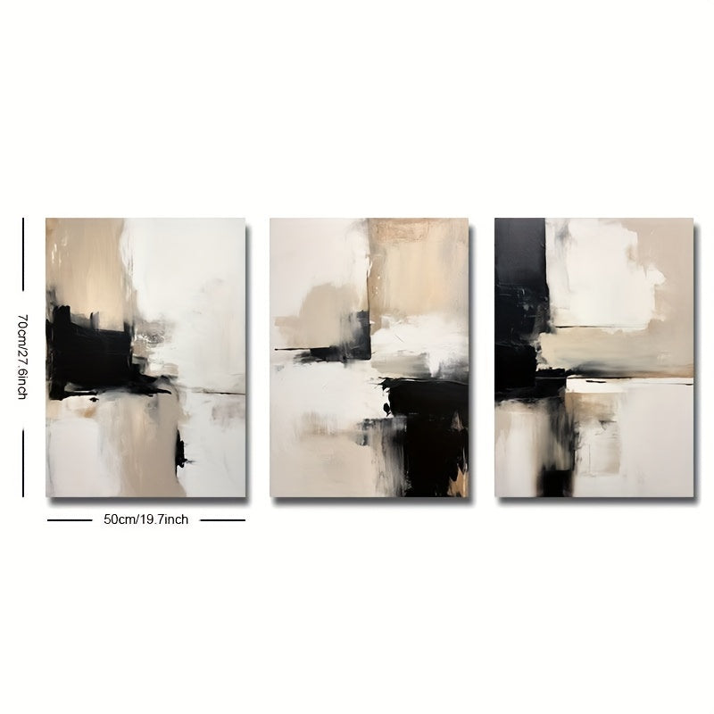 3 contemporary abstract canvas prints in black and beige for modern home decor - suitable for living room, bedroom, or office. Frame not included.