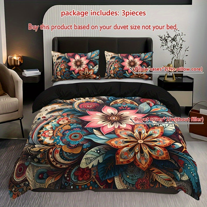 3-piece Bohemian Mandala Floral Bedding Set includes 1 duvet cover and 2 pillow cases. Pillow inserts not included. Perfect for a Christmas present.