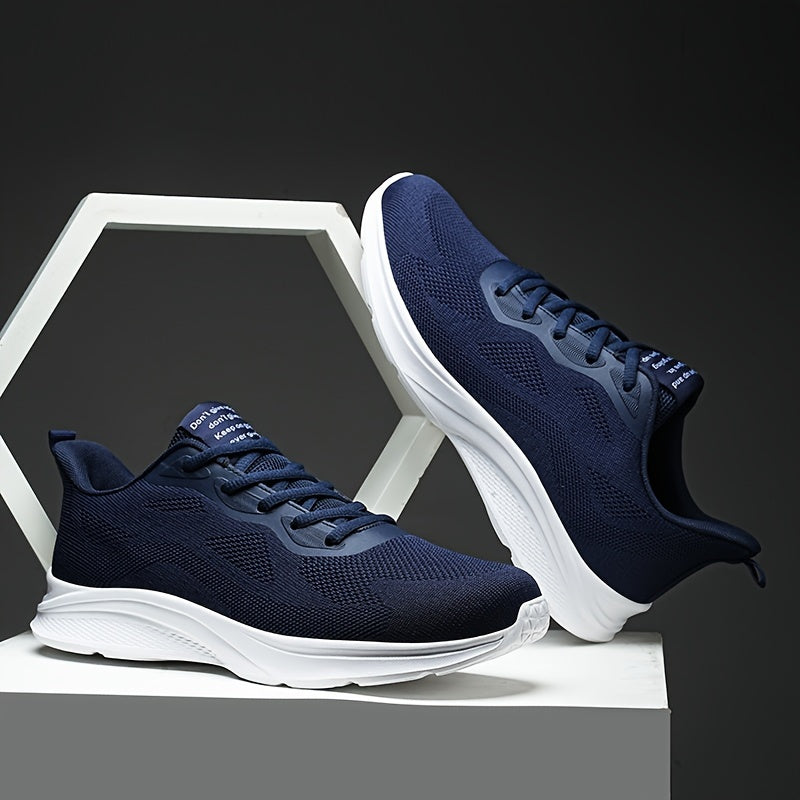 Navy blue men's athletic shoes with breathable design and EVA sole, suitable for all seasons.