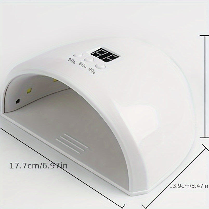 Powerful LED nail dryer uses USB power, cures nails quickly without turning black, made of hypoallergenic plastic, perfect for home manicures, no batteries needed.