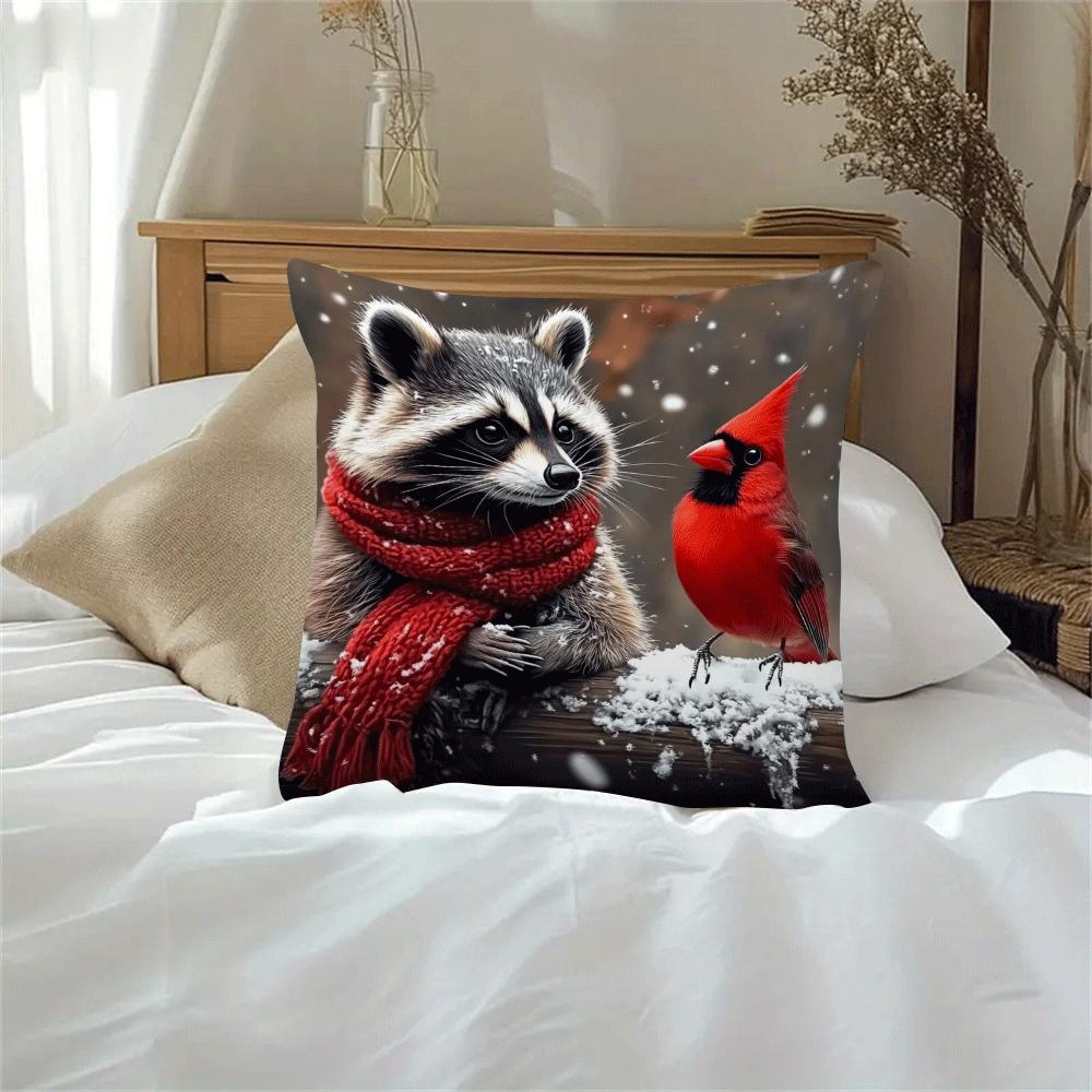 Decorate your space with this charming Raccoon & Cardinal decorative throw cushion cover! Featuring a traditional cartoon style, this polyester cover is machine washable and has an invisible zipper for easy removal. Please note that the insert is not