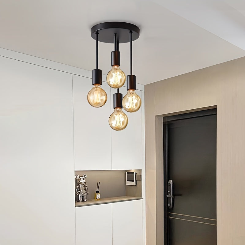 Black ceiling light pendant with 4 lamps in modern satellite design, suitable for E27 bulbs. Ideal for lighting in bedrooms, kitchens, living rooms, and corridors. Bulbs not included.