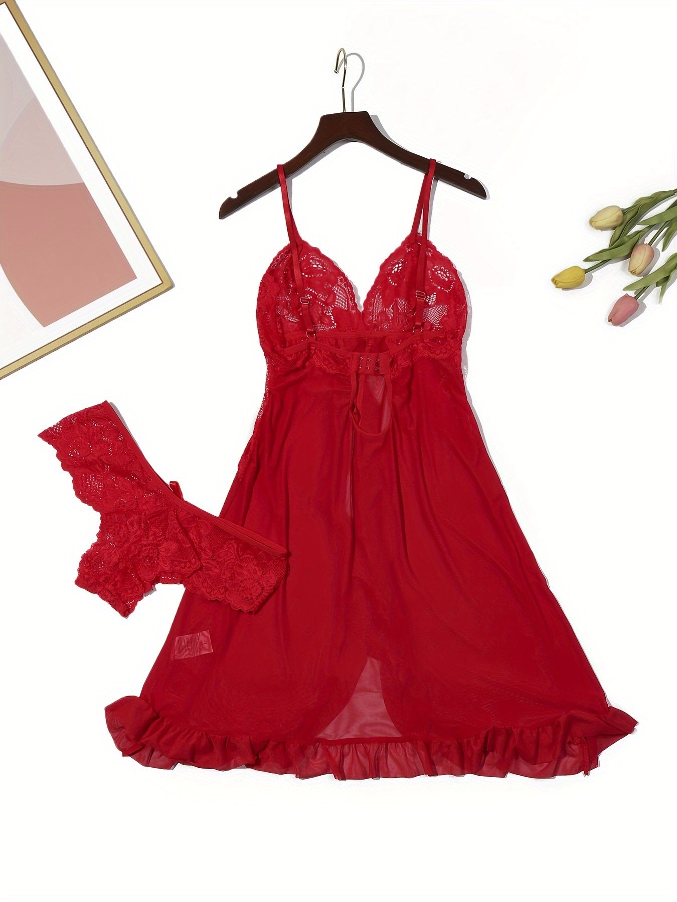 Women's sexy sleepwear set with lace trim, deep V-neck slip dress and panty lingerie.