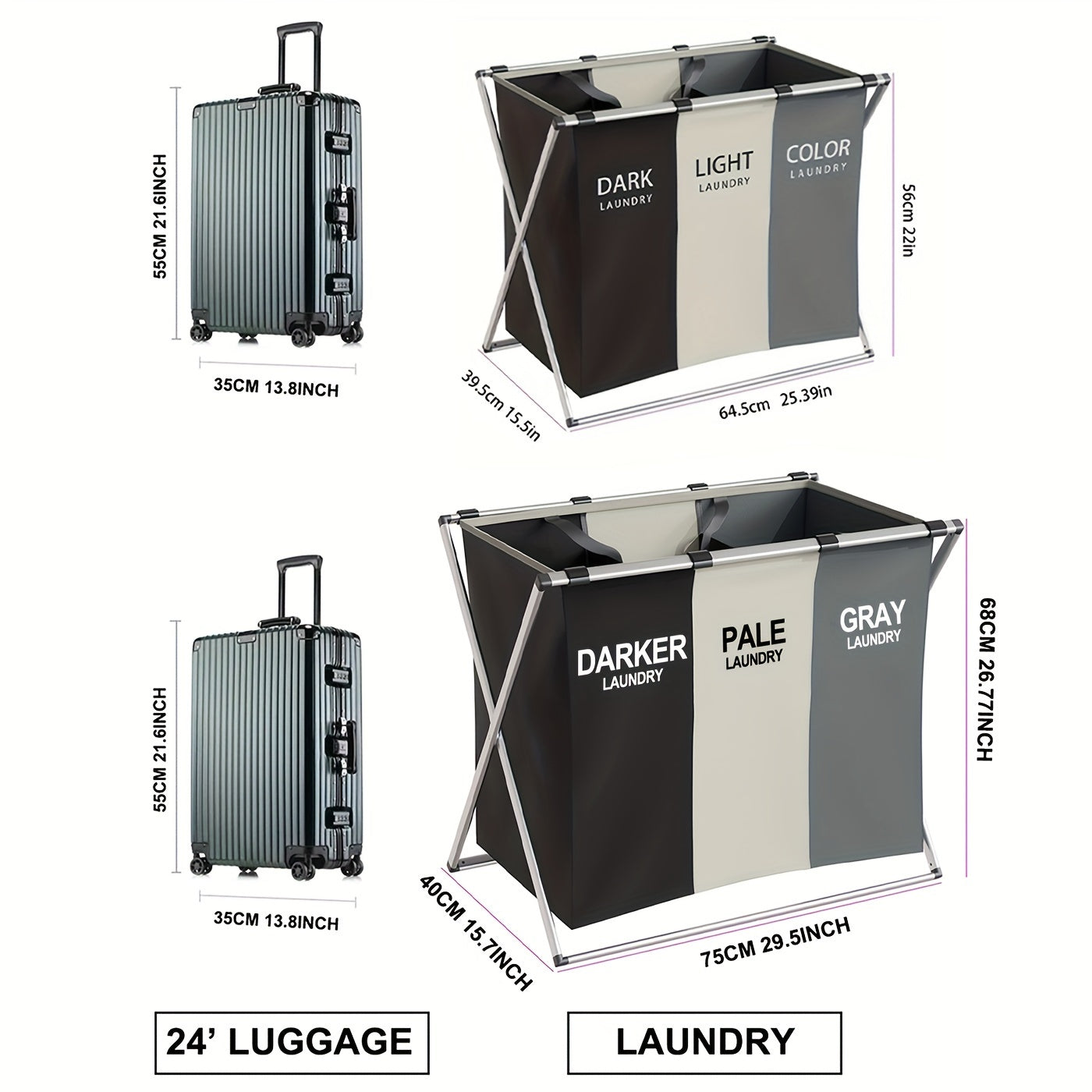 One pack of a 3-section foldable laundry hamper with an aluminum frame and metal material. Features a triple compartment clothes sorter with detachable bags for easy washing. Ideal for organizing laundry in the bathroom, bedroom, or throughout the home.