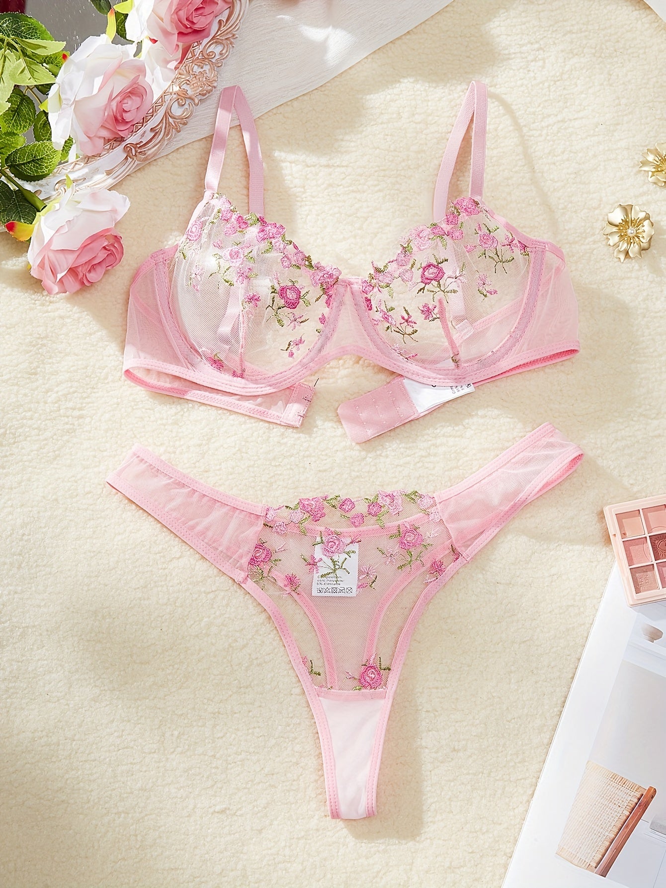 Mesh lingerie set with floral embroidery, includes plunge bra and thong for women