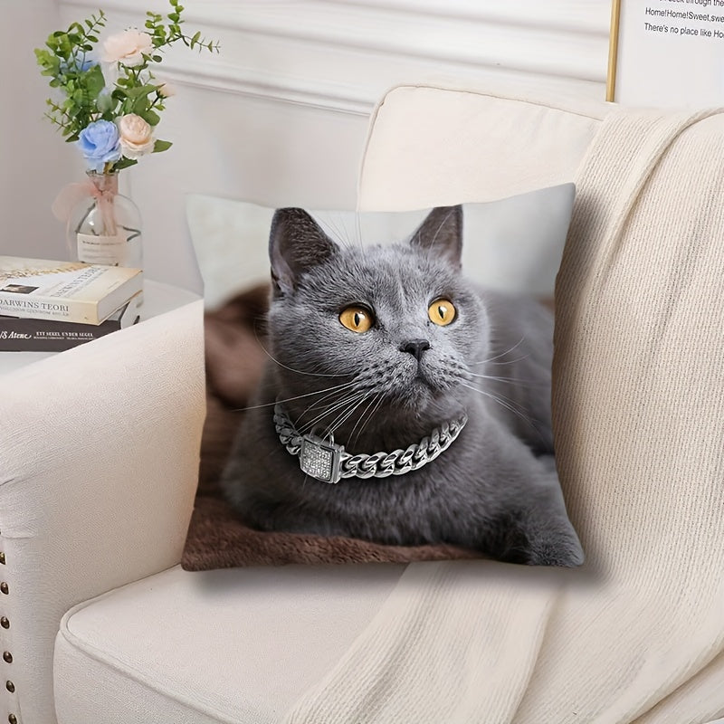 1pc Cat Print short plush pillow case (17.7"x17.7") with Animal Theme, perfect for home, room, and bedroom decor. Does not include pillow core. Great architectural collectible accessory.