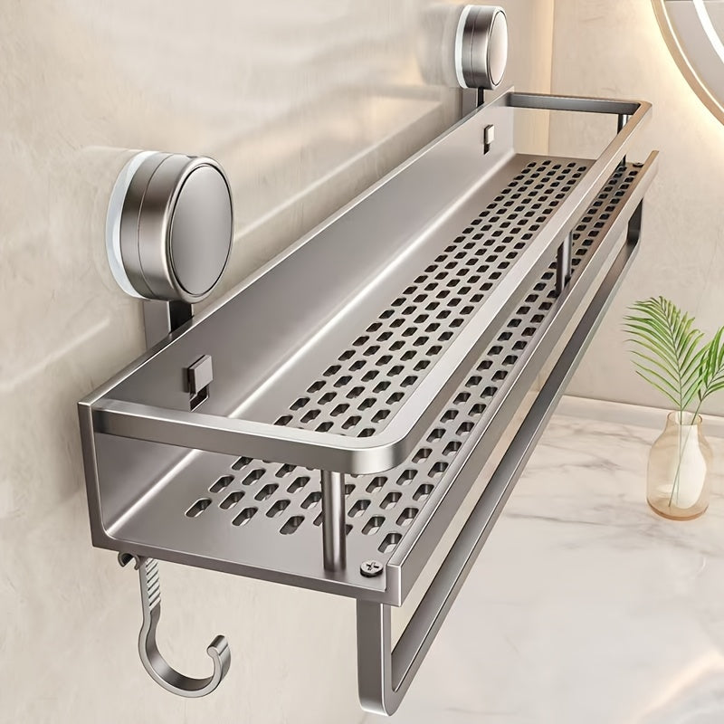 Rustproof wall mount shower caddy with towel hooks, suction cups, and floating shelf for bathroom organization.