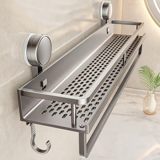 Rustproof wall mount shower caddy with towel hooks, suction cups, and floating shelf for bathroom organization.