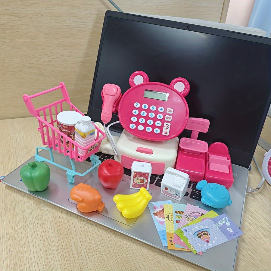 Mini cash register pretend play set with scanner, credit card, and supermarket interaction toys. Some parts may be sent randomly. Great for winter and New Year.