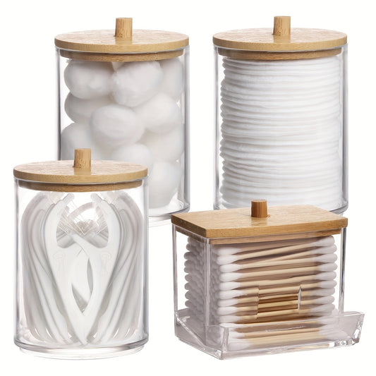 Modern Bathroom Organizer Set includes 1 piece of swab holder and 4 pieces of spacious containers with airtight lids and dispensers. Effortlessly store your items in the stylish apothecary jar.