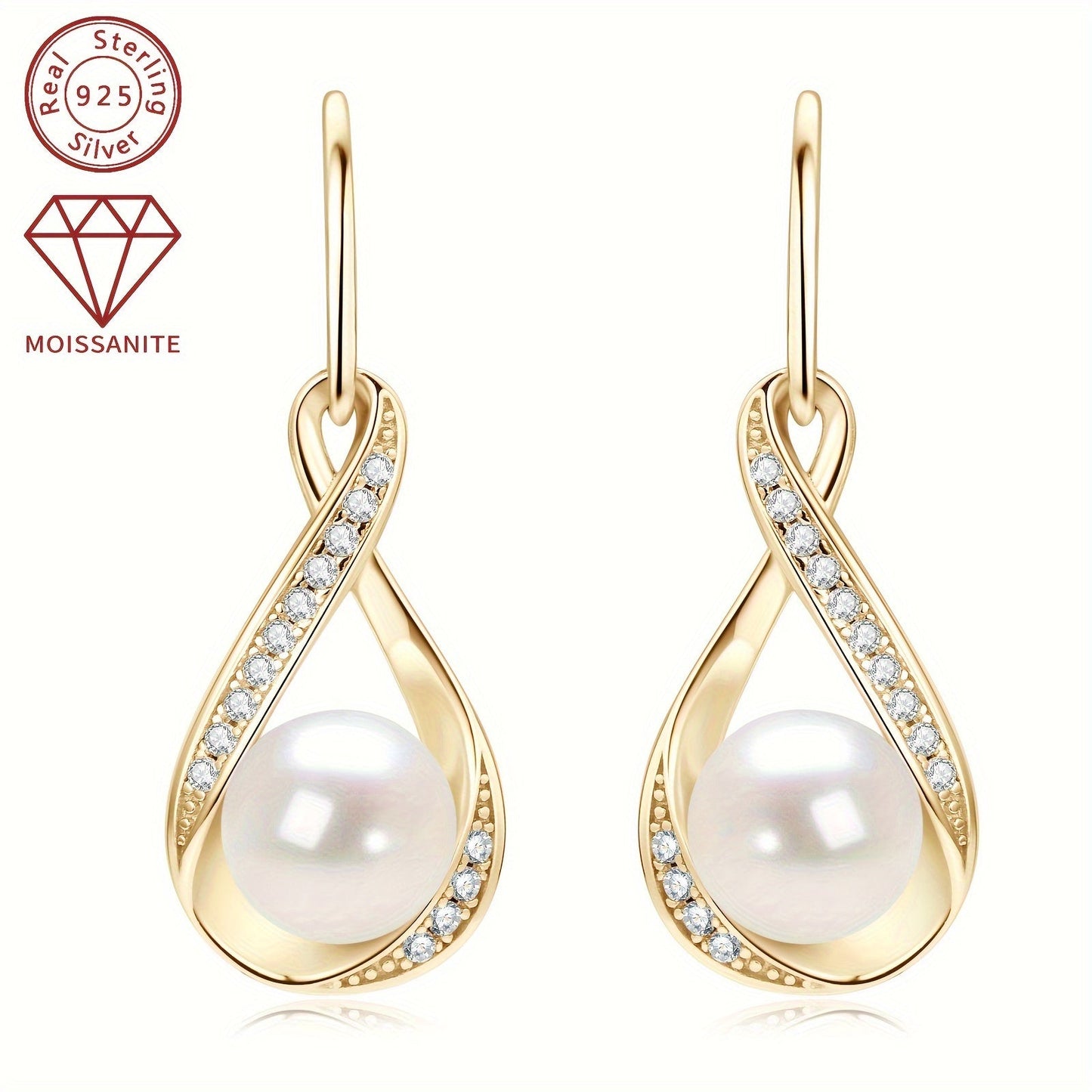 Pair of pearl earrings featuring natural freshwater bread beads measuring 8mm and adorned with 28 pieces of 1.2mm moissanite stones, totaling 0.224 carats. Crafted in 925 silver, these earrings boast a silvery gram weight of 3.7g. The design showcases a