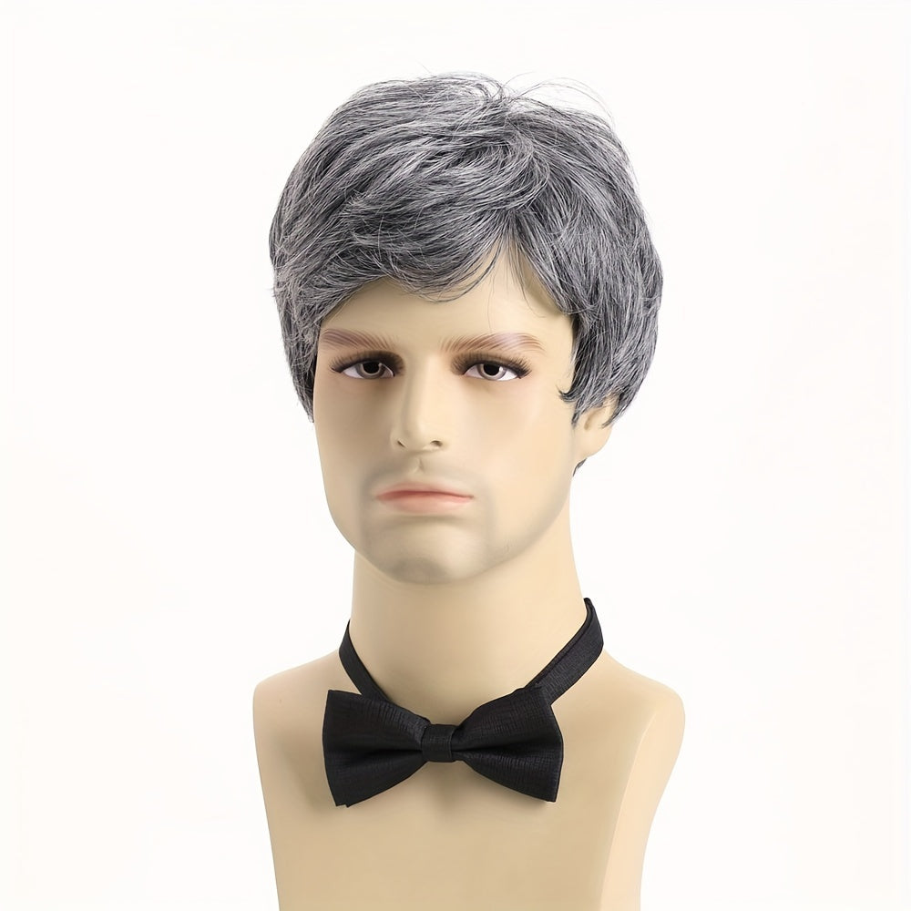 Stylish Men's Fashion Wig: Short Wavy Gray with Side Bangs, 25.4 cm in Synthetic Fiber - Perfect for Daily Wear, Role Play, Halloween, Nightclub, and Parties. Made of Durable Polyester Material, Hand Wash Recommended and Heat Resistant.