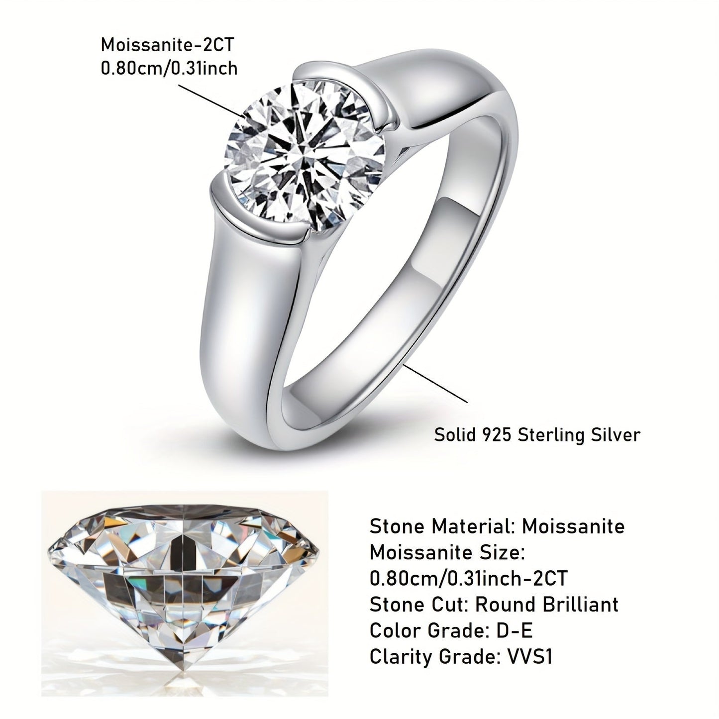 Stunning 2CT Round Moissanite Engagement Ring in Classic Style, Crafted from 925 Sterling Silver with 18K Golden Plating. Features a Synthetic April Birthstone in a Single Stone Setting, Perfect for Weddings, Vacations, and as a Valentine's Day Gift. A