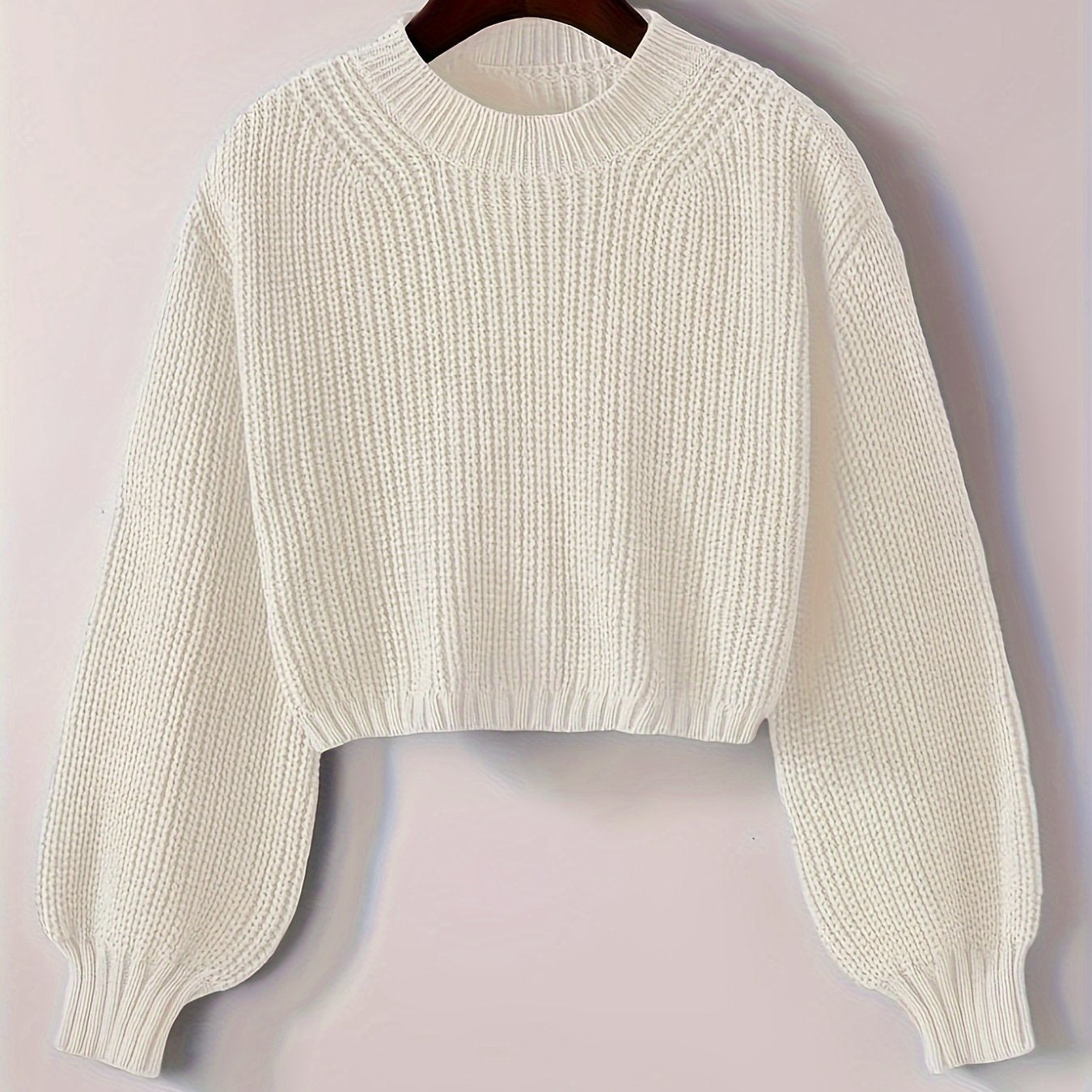 Solid color crew neck knit sweater, casual long sleeve crop pullover for fall & winter, women's clothing.