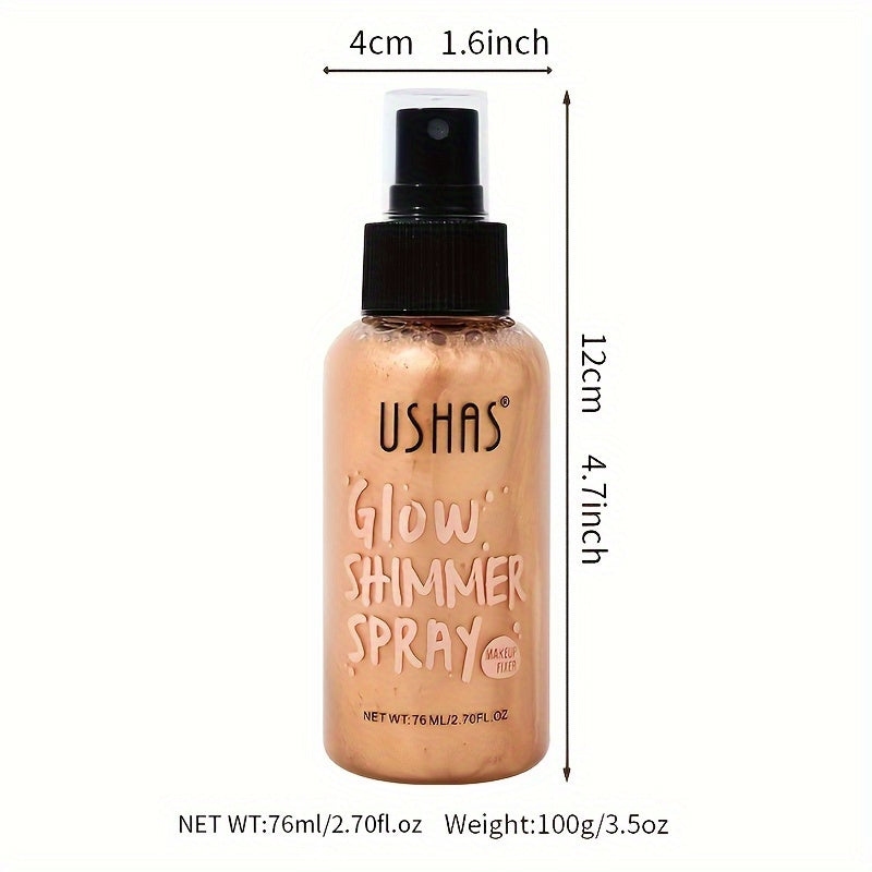 Glow Shimmer Spray: Waterproof liquid highlighter for face and body, provides long-lasting radiance. Easy application with spray nozzle, perfect for music festivals.