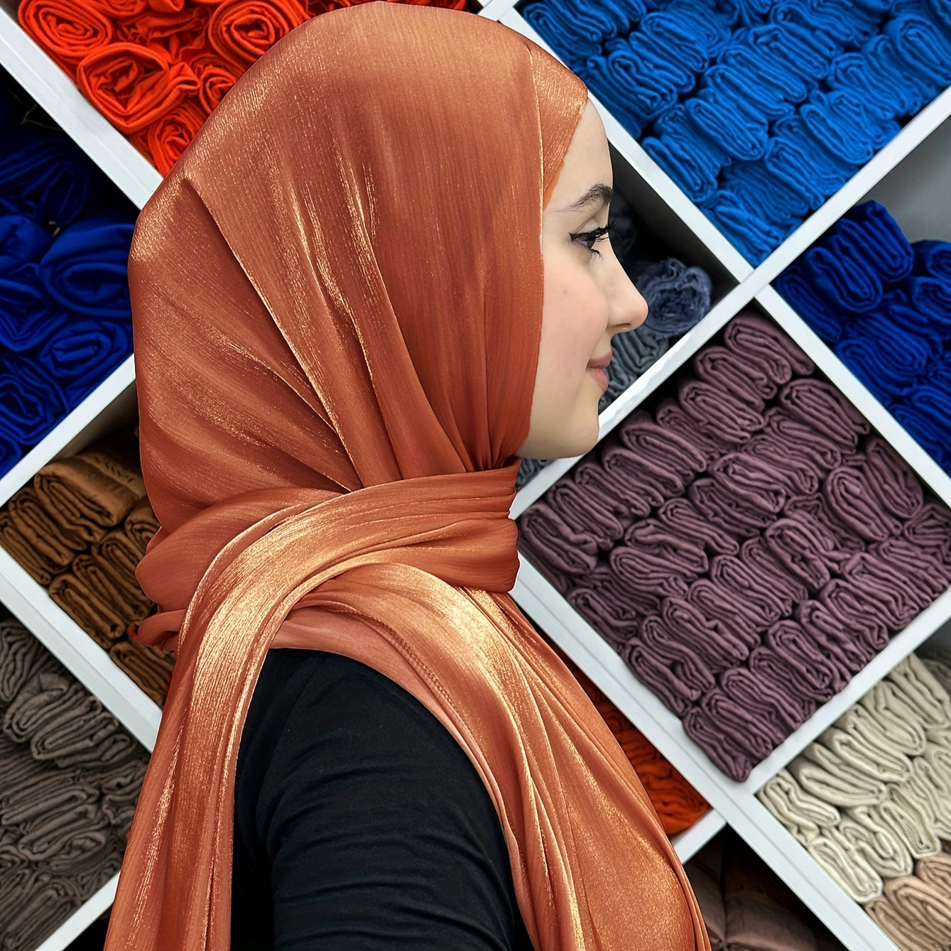 Soft and lightweight satin shayla hijab for women, ideal for casual and religious occasions.