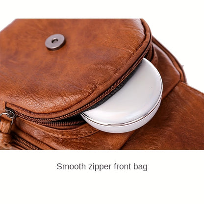 Unisex brown PU crossbody bag with zipper.