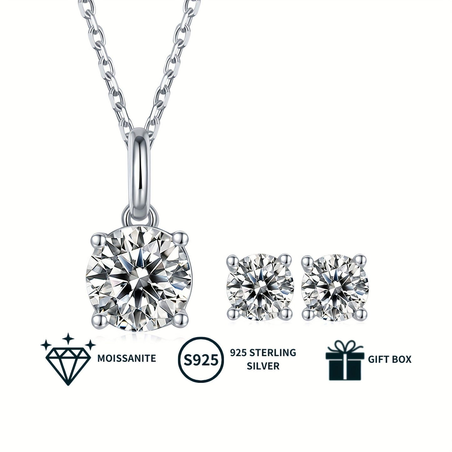 Stylish Moissanite Jewelry Set for Women - Featuring a 1.0CT/2.0CT Pendant Necklace & Stud Earrings, Beautifully White Gold Plated S925 Silver, Ideal for Engagement, Wedding, or Special Occasions. Comes with a Luxurious Gift Box, Perfect for Gifting at