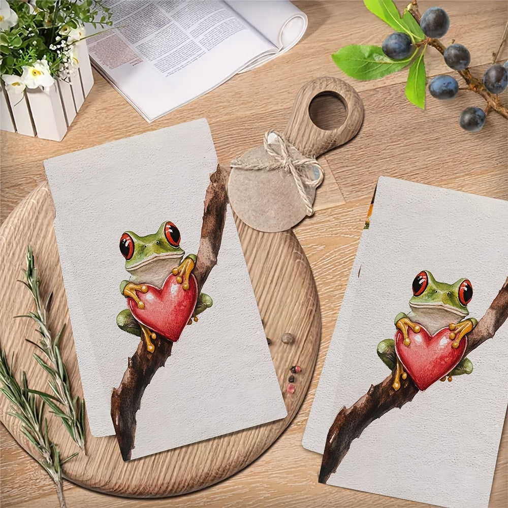 Valentine's Frog Design Kitchen Towels - Set of 2 Ultra Soft and Highly Absorbent Dish Hand Towels, Machine Washable, 40.64x60.96 cm - Ideal for Holiday Decor