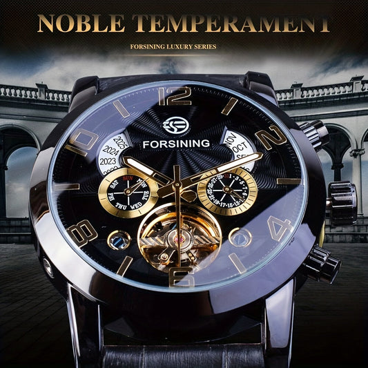 Exquisite Tourbillon Fashion Men's Automatic Mechanical Watch with Stunning Wave Design in Black and Gold, Featuring Multifunction Dial Display on Wristwatch