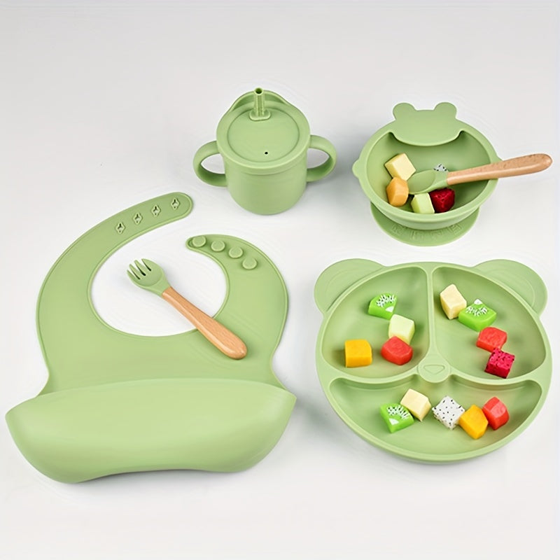 6 Piece BPA Free Silicone Baby Feeding Set for Toddlers - Includes Suction Plate, Bowl, Bib, Sippy Cup, Fork & Spoon - Food Grade Flatware for Ages 0-3 Years