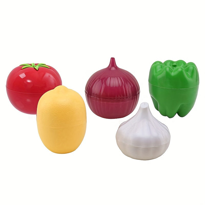 Set of 5 Storage Boxes: Transparent containers shaped like fruit and vegetables for keeping items fresh in the refrigerator or freezer. Specifically designed for storing lemon, avocado, tomato, onion, and garlic. Perfect for organizing and storing items