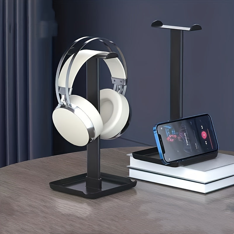 Headset shelf with multi-functional design for mobile phones and tablets, suitable for desktops and dormitories, with detachable display stand.