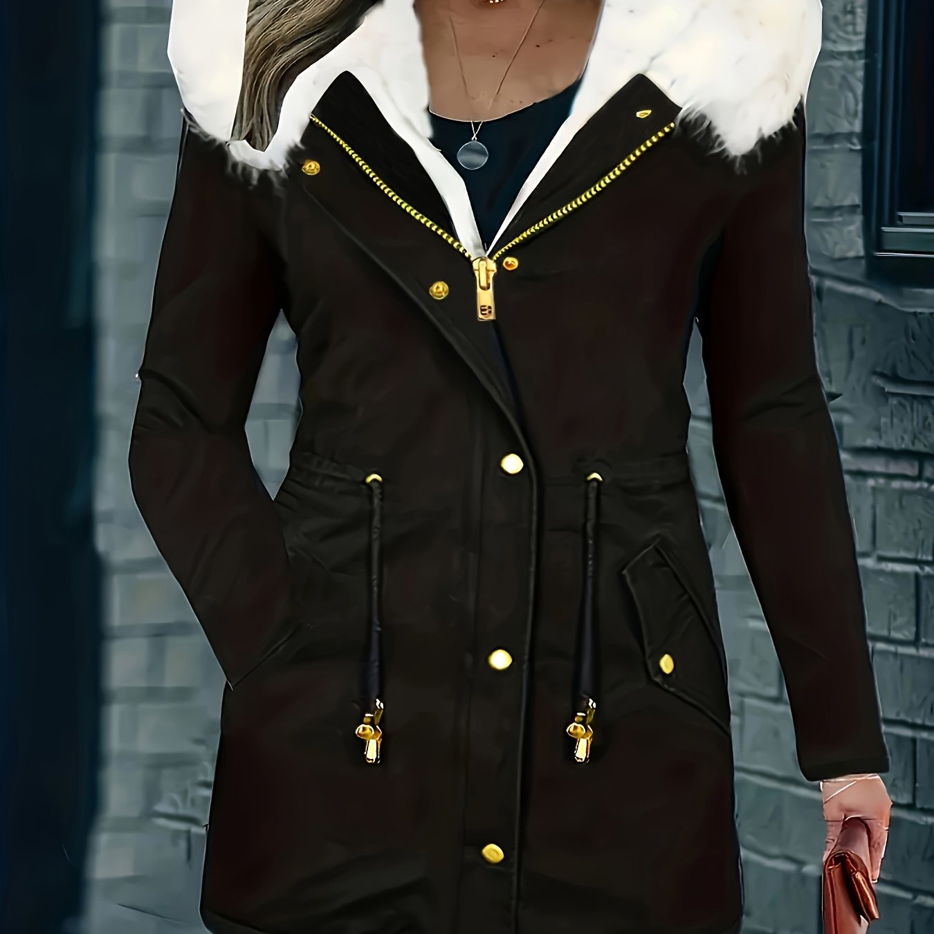 Women's plus size winter coat with fuzzy contrast, drawstring waist, full zipper, warm pockets, and long sleeves.