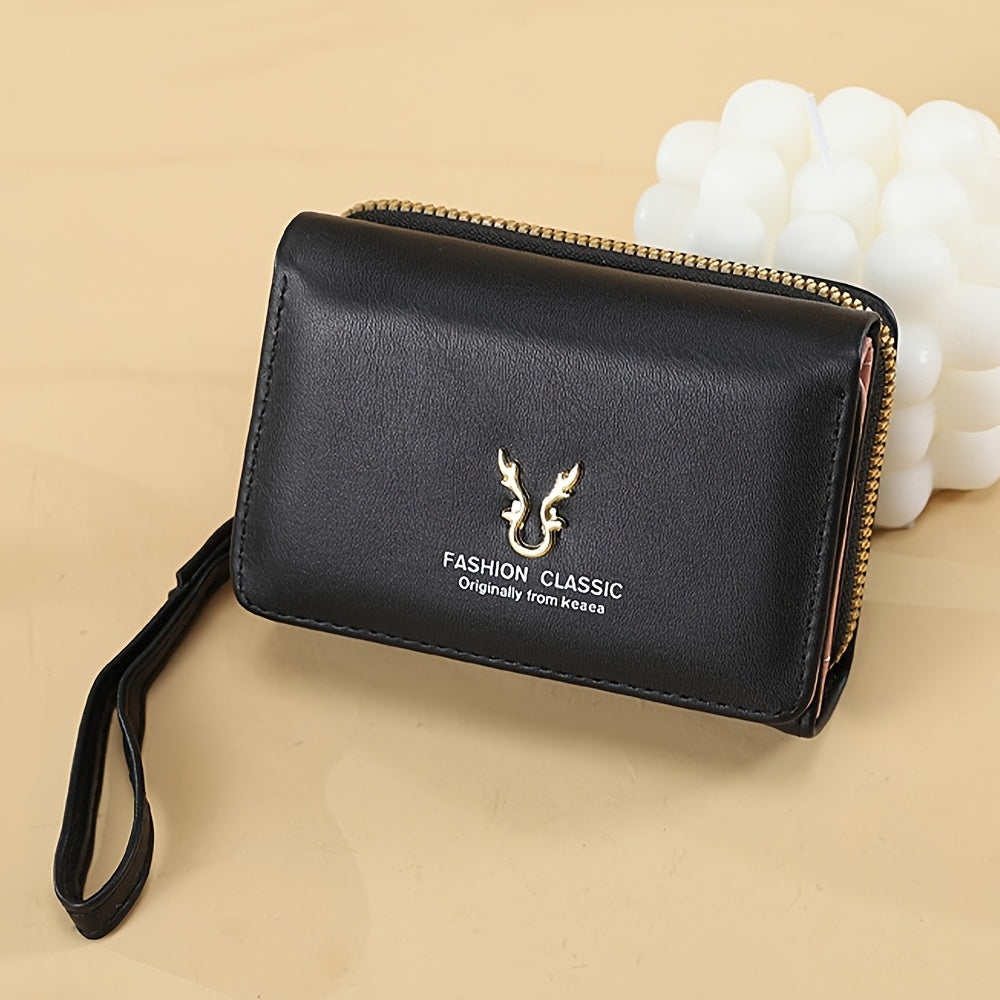 Small women's wallet with short zipper, three folds, multiple slots, and ample space, suitable for use as a handbag.