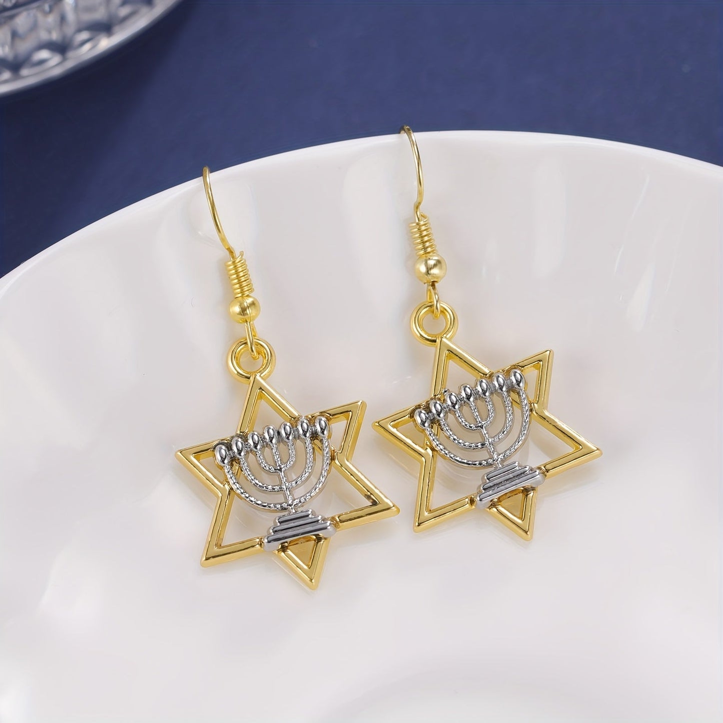 Pair of Elegant Drop Earrings featuring Vintage Style Jewish Star of David with Menorah Design, Made of 14K Gold Plated Zinc Alloy, Stainless Steel Hooks, Perfect for Daily and Party Wear