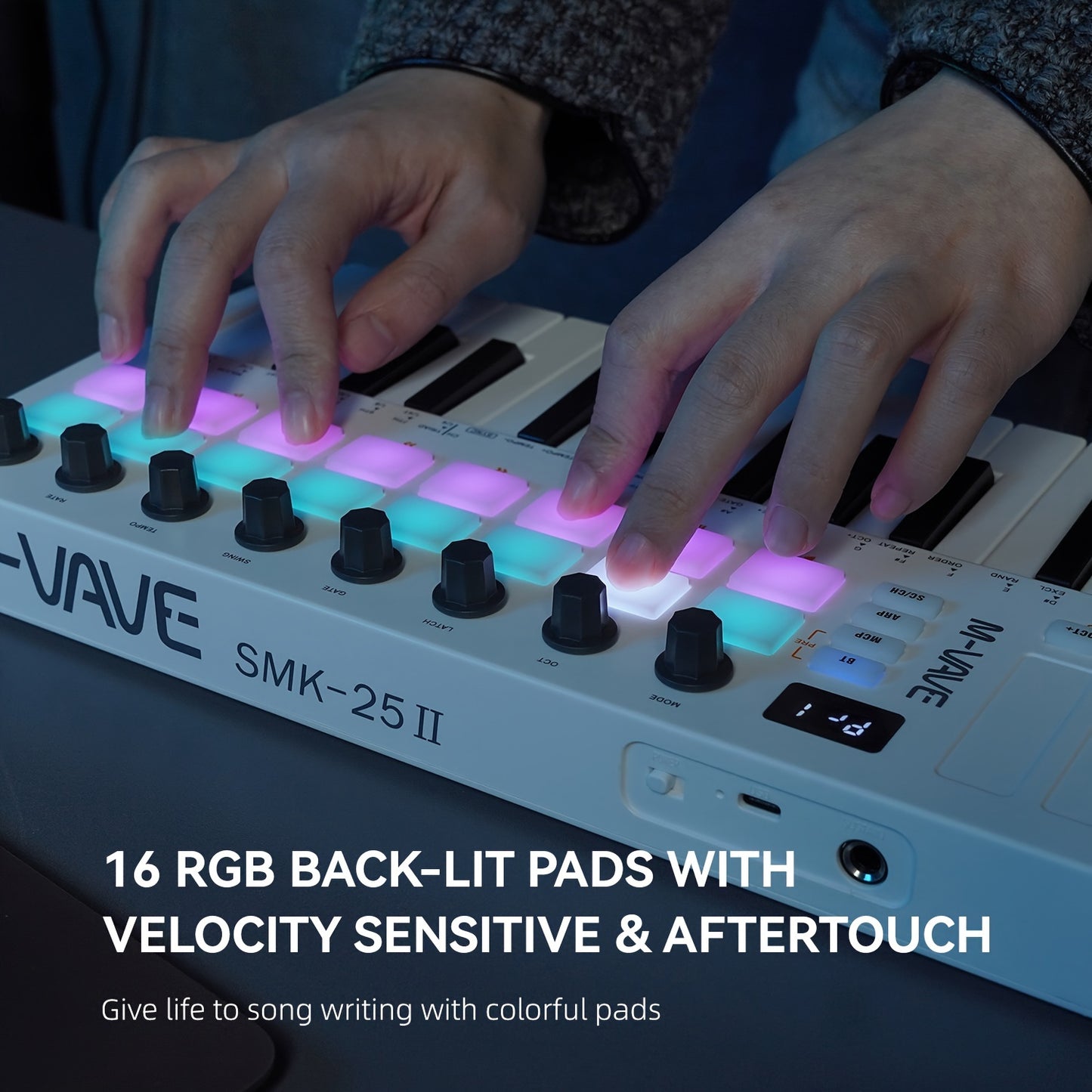 New M-VAVE SMK 25 II MIDI Keyboard with 8 Encoders, 16 RGB Backlights, Wireless MIDI, Speed Sensing, Vibrato, Touch Strip, 2000mAh Battery. Compatible with WINDOWS, MAC, IOS, Android.