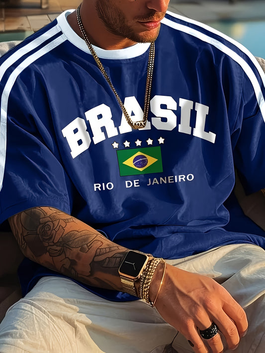 Brazil-inspired casual short sleeve t-shirt for men, in plus size. Made from polyester knit fabric with slight stretch, perfect for summer outdoor and daily wear.