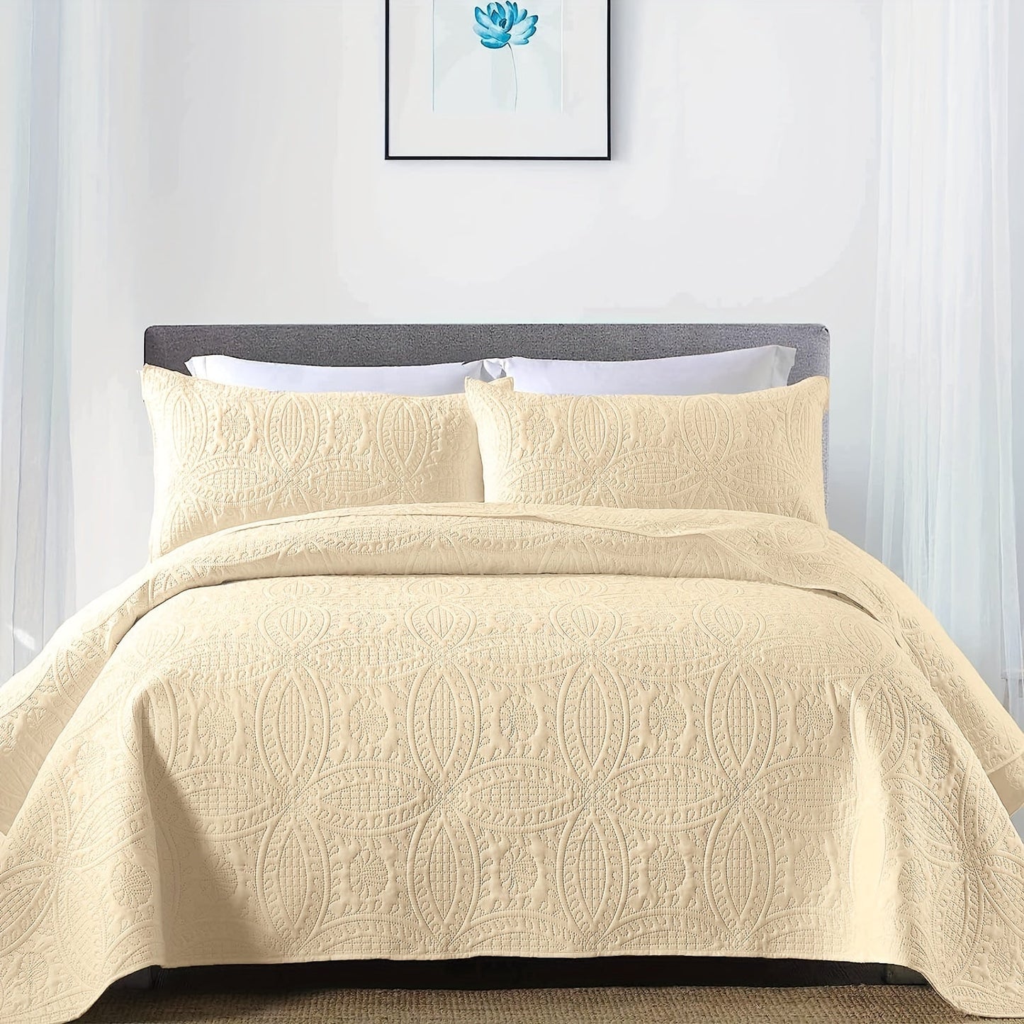 Comfortable and airy three-piece bedspread set featuring Soundwave technology and embossed circles design. Set includes one bedspread and two pillowcases, ideal for adding a touch of summer comfort to your bedroom or dorm decor. The perfect addition to