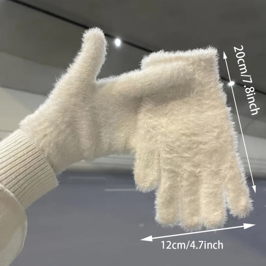 Soft Faux Rabbit Fur Plush Gloves for Women - Adorable Split-Finger Style, Cozy & Weatherproof for Winter Cycling, Available in Various Colors