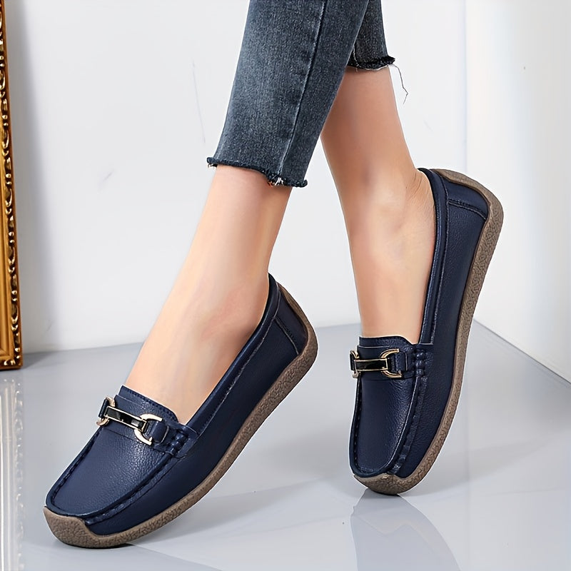 Women's metal decor loafers, casual slip-on flat shoes with lightweight faux leather material.