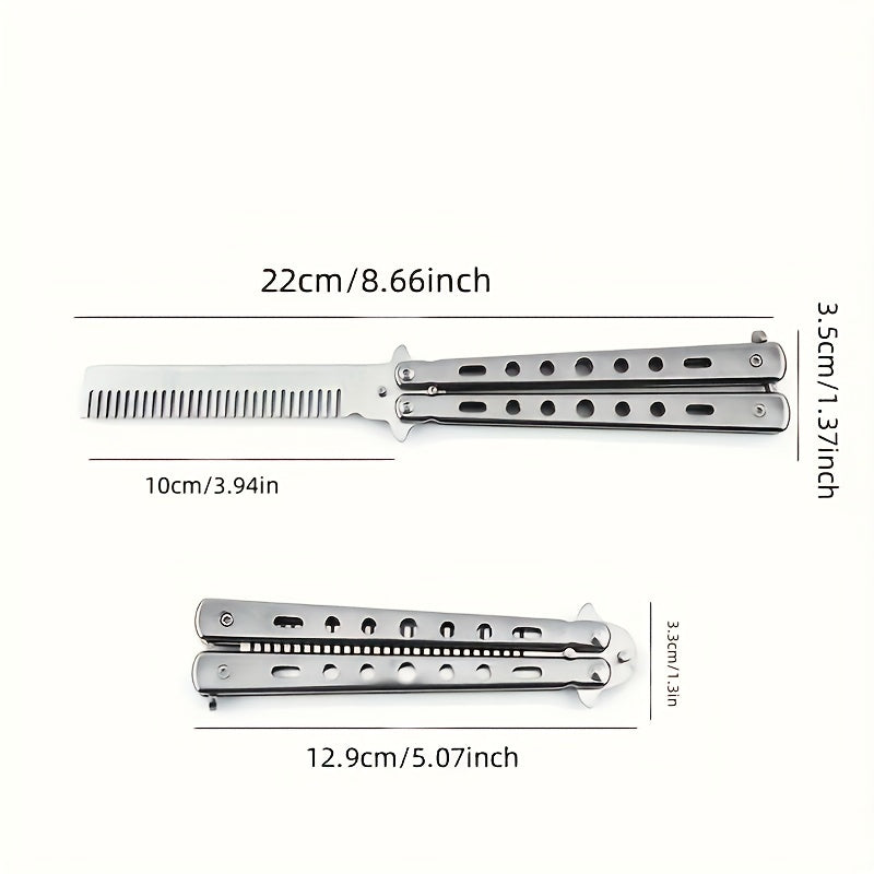 Расческа с тонкими зубьями из нержавеющей стали в форме бабочки с металлической ручкой для регулярной укладки волос и практики ловкости пальцев. Складная, портативная и прочная, подходит для кемпинга на открытом воздухе.